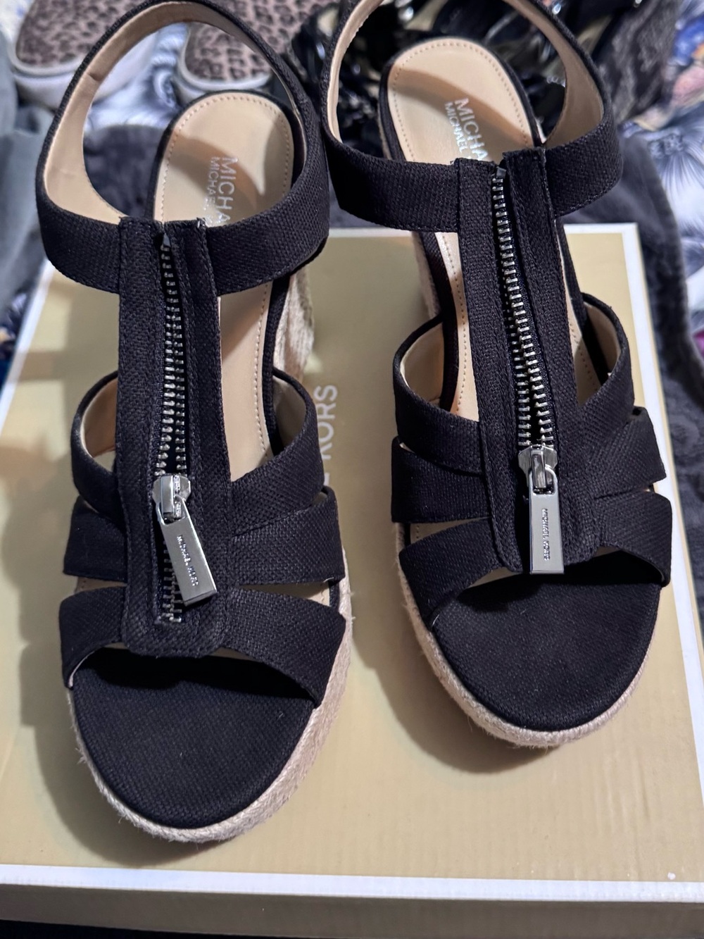 Michael Kors Black Canvas Zip-Front Espadrille Wedges